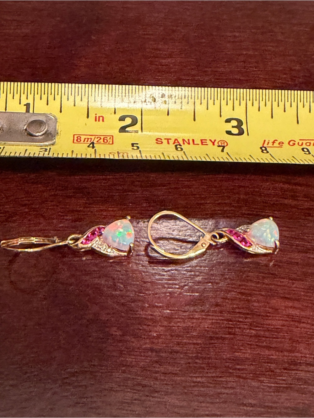 STERLING SILVER OPAL & RUBY DANGLE EARRINGS, gorgeous! vintage - Picture 6 of 7